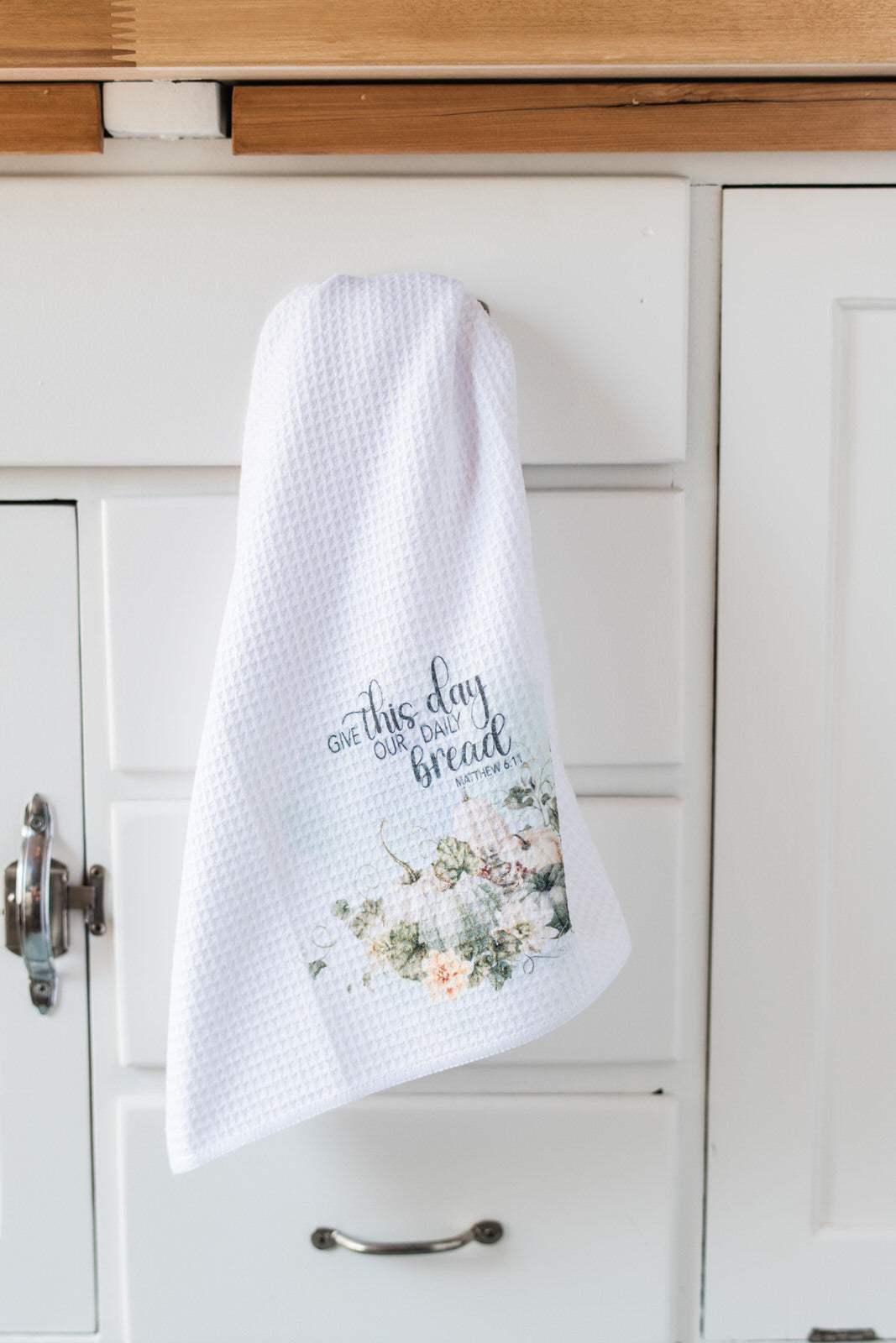 Soft fall kitchen towel with pumpkins and Matthew 6:11 verse
