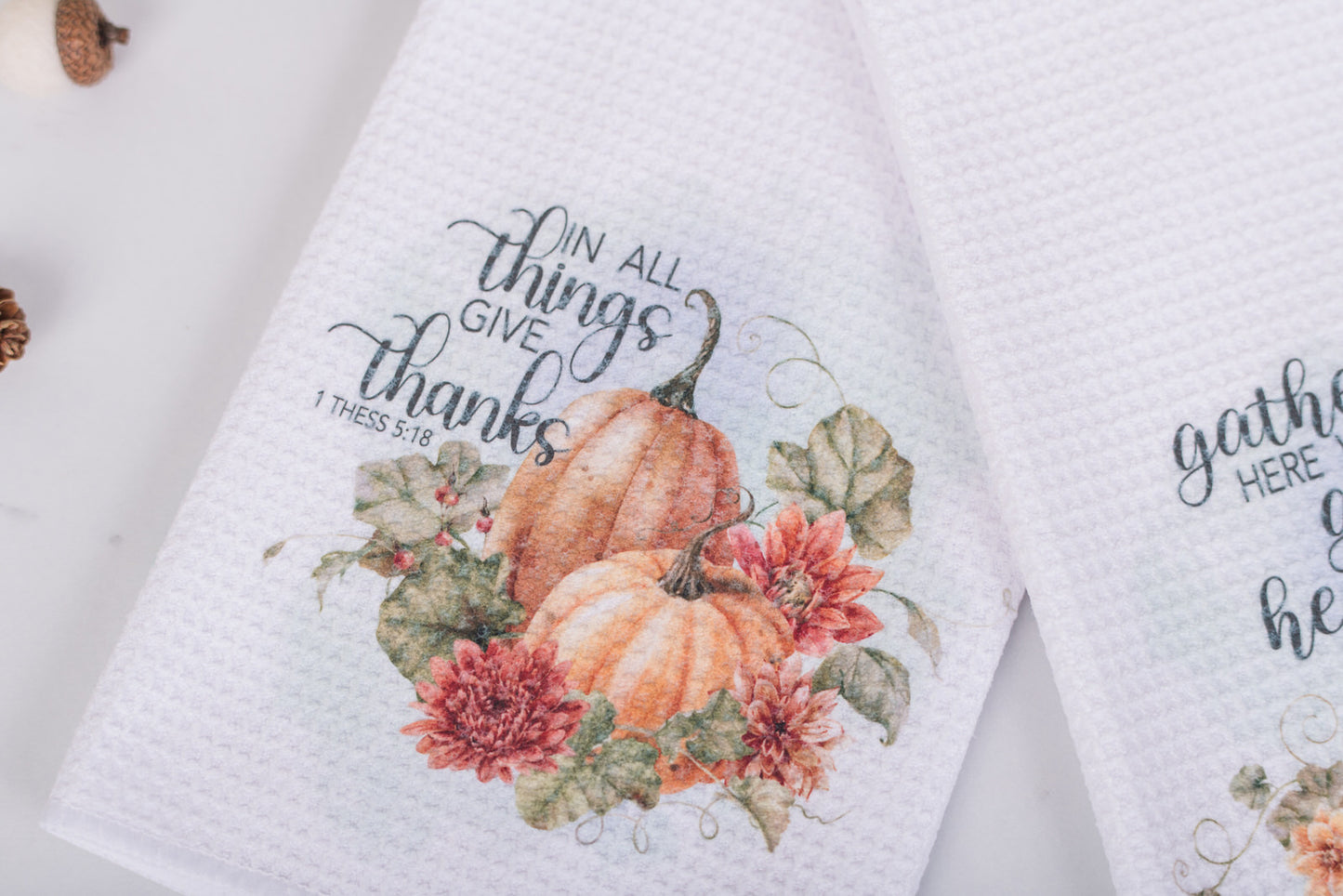 Thanksgiving tea towels with scripture for Christian fall home styling
