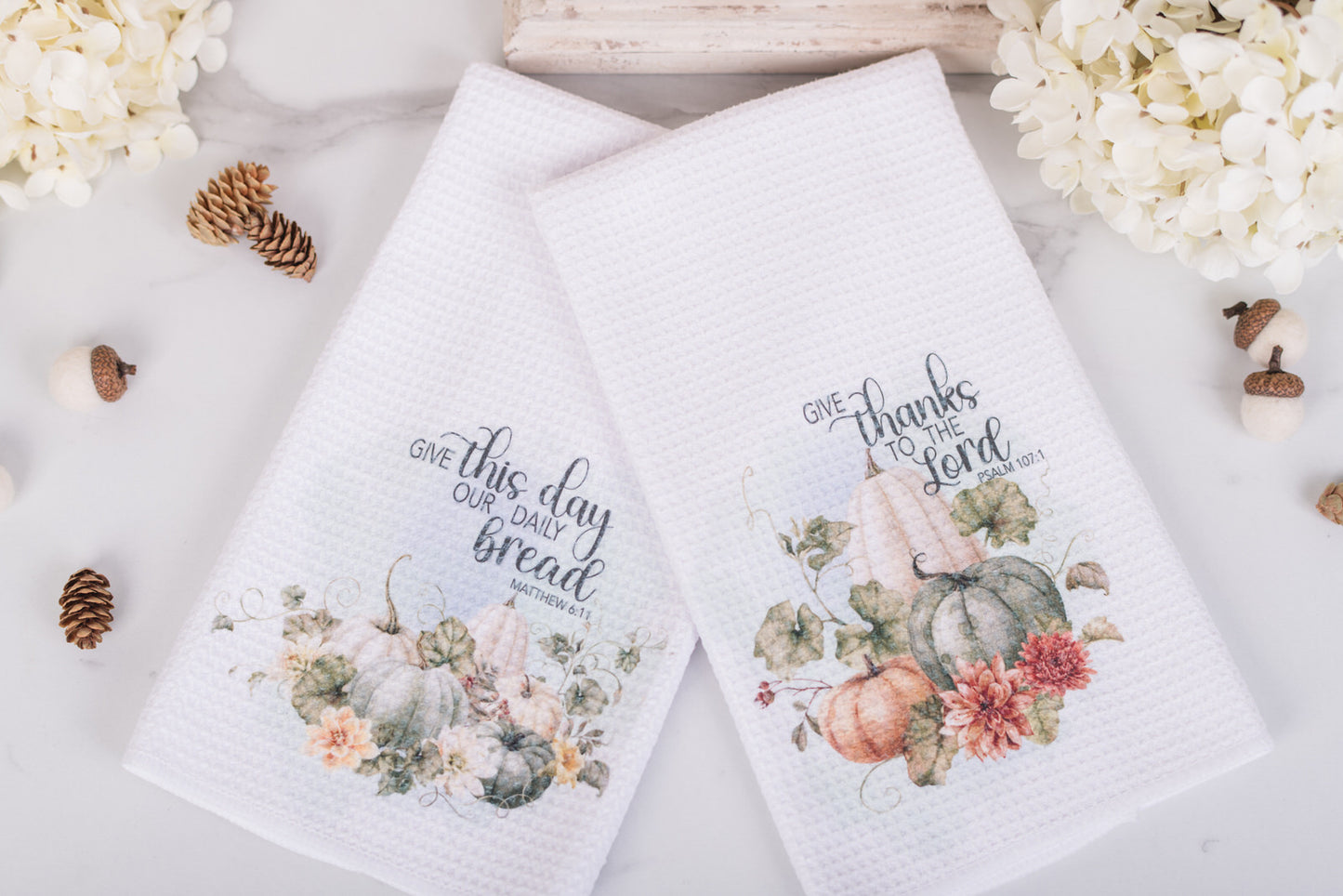 Two fall tea towels with scripture and soft pumpkin artwork