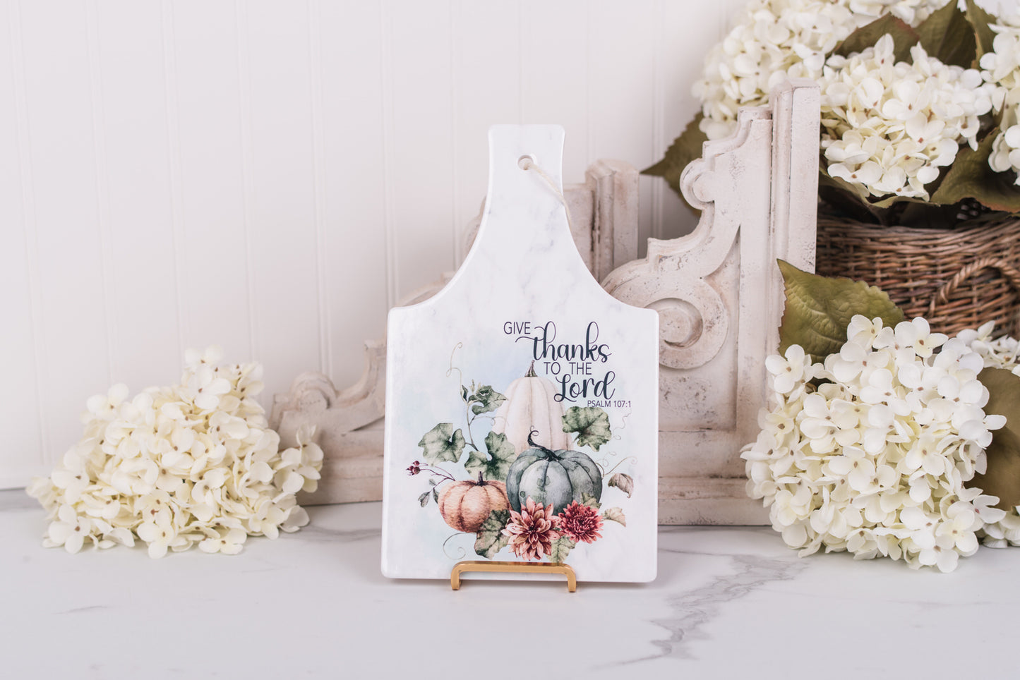 Warm fall ceramic trivet with pumpkins and “Give thanks to the Lord” scripture