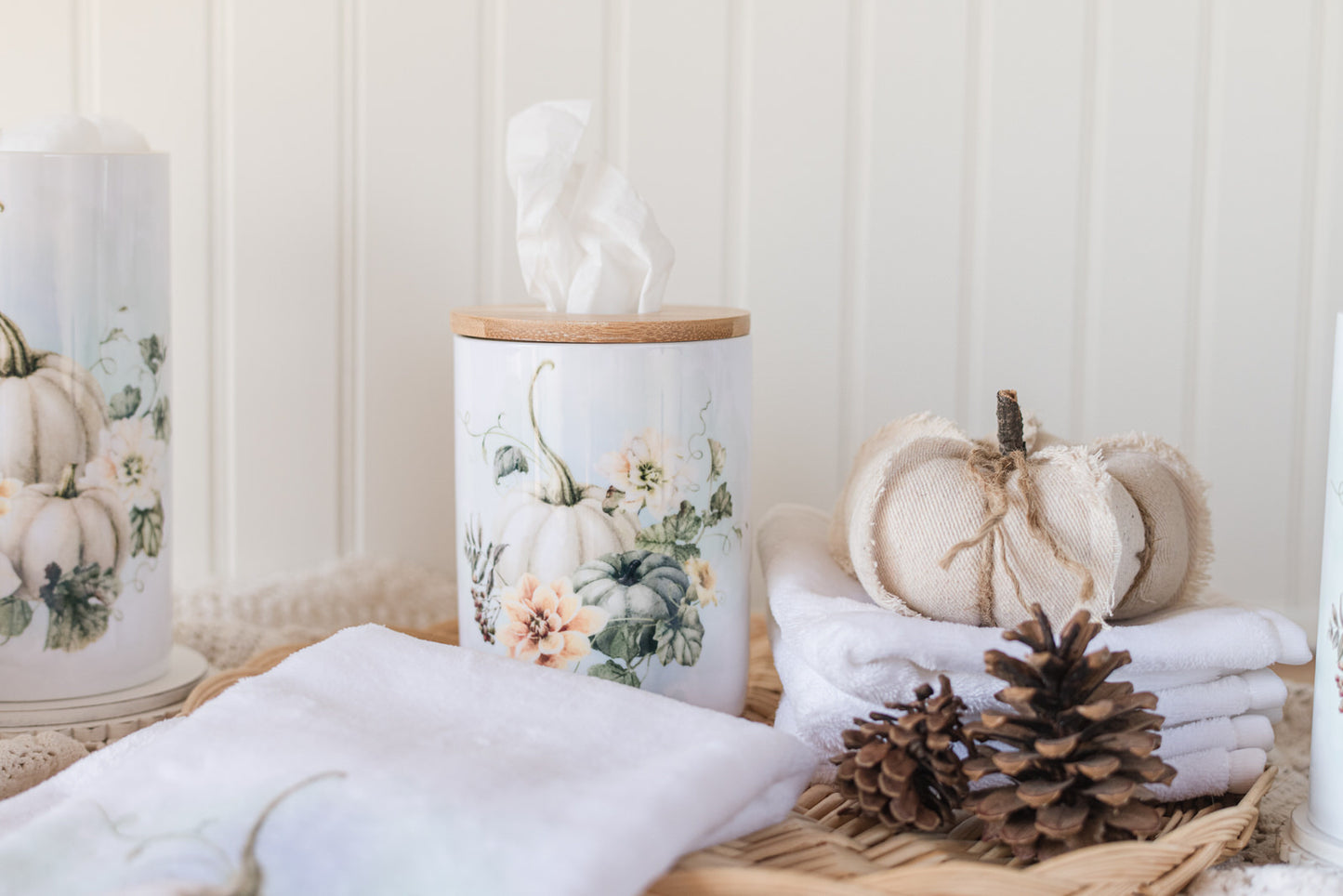 Ceramic tissue holder with watercolor pumpkin design