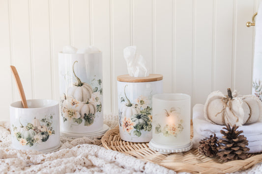 Vintage Autumn soft palette tissue holder styled in the bathroom with coordinating canisters