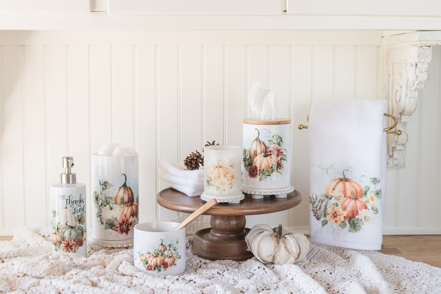 Pumpkin floral tissue holder in rich fall colors with coordinating bathroom accessories