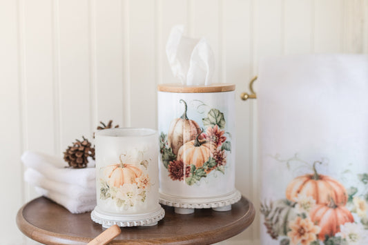 Warm fall tissue holder with pumpkins and mums with coordinating frosted glass bathroom jar