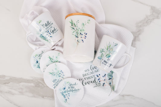 Winterberry Cozy Tea Gift Set | Blue & Green Kitchenware with Scripture
