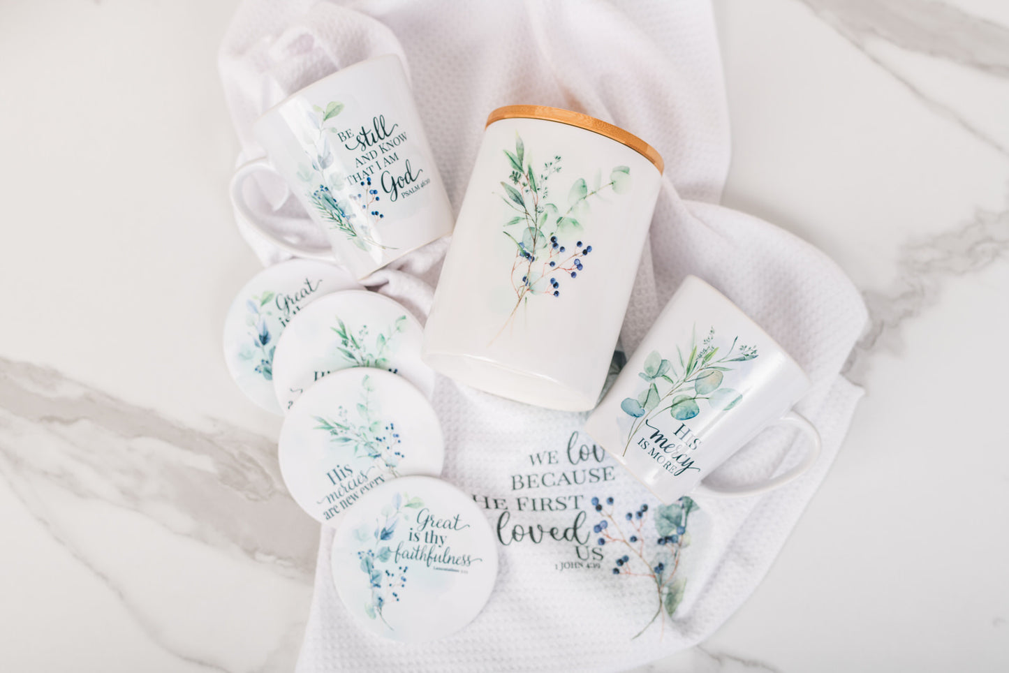 Winterberry Cozy Tea Gift Set | Blue & Green Kitchenware with Scripture