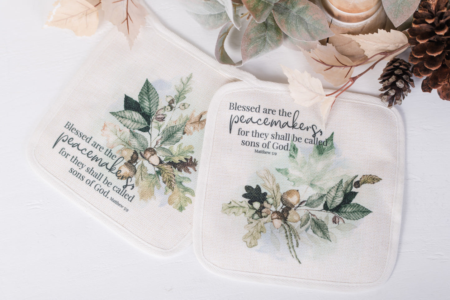 Fall pot holder set with acorns and Bible verse Peacemakers Matthew 5:9