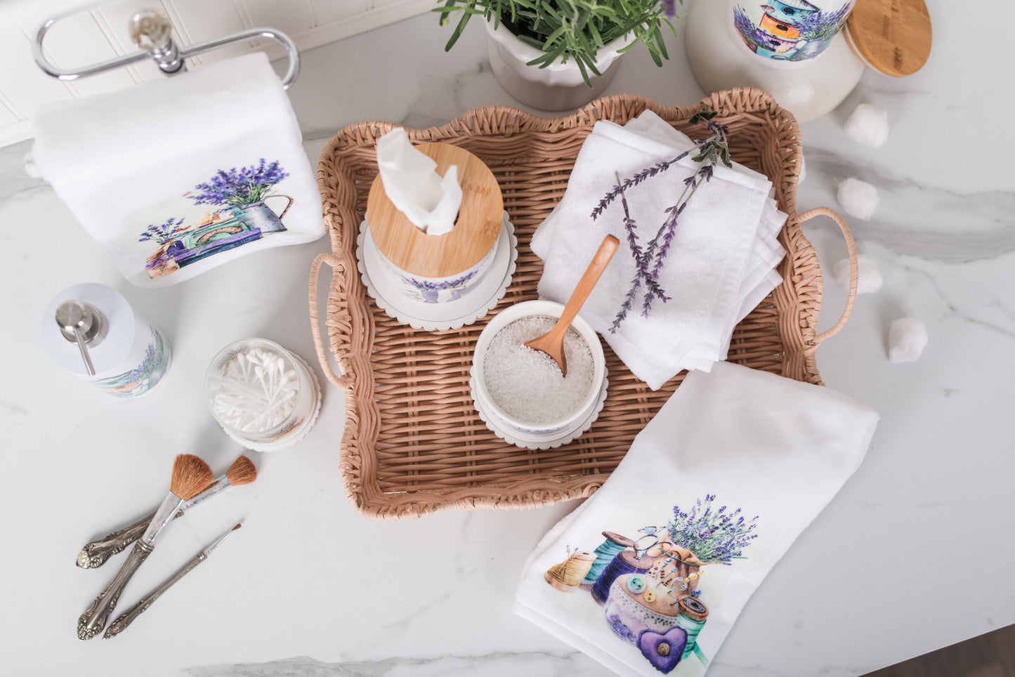 Lavender bath set on counter