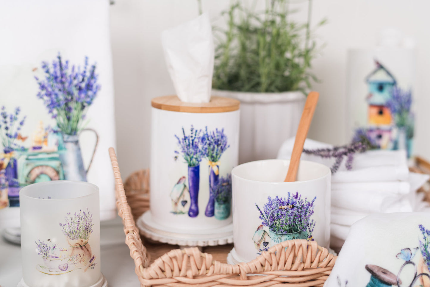 Tissue box cover styled in a soft cottage bathroom