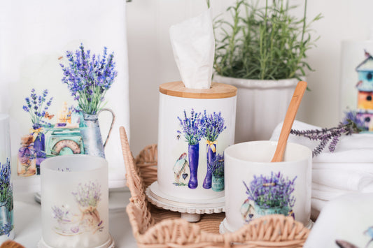 Tissue box cover styled in a soft cottage bathroom