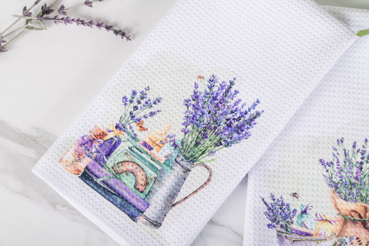 lavender design on a white fabric background