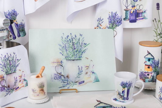 Decorative items with lavender designs on a white surface