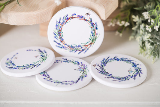 set of four coasters with lavender design