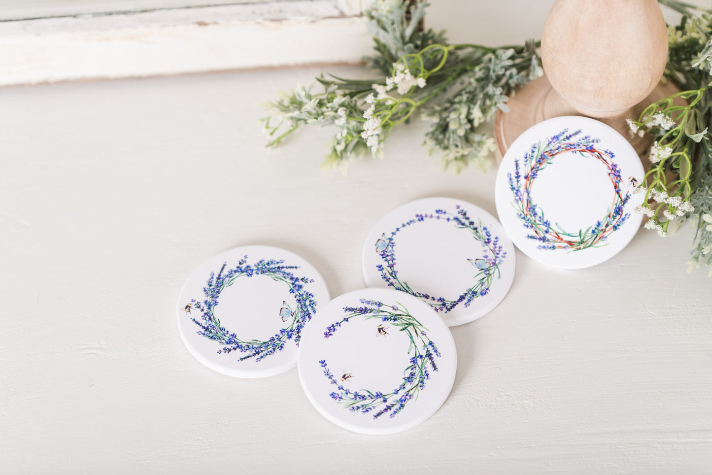 set of four coasters with lavender design
