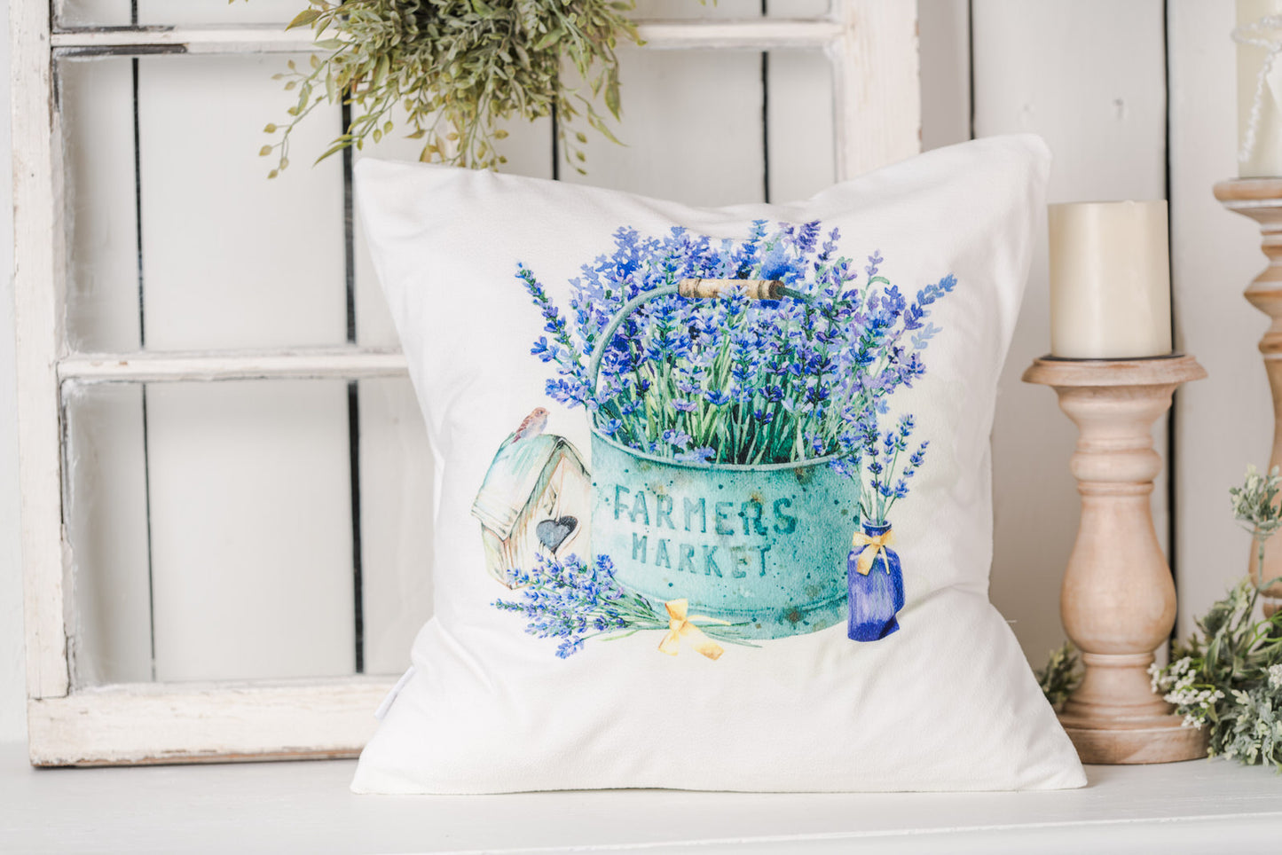 Lavender throw pillow on a cozy cottage bench