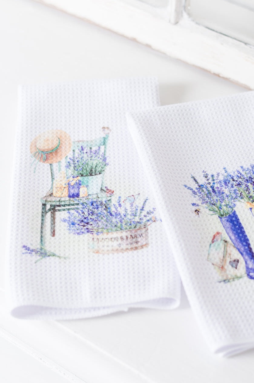 French lavender tea towel folded on kitchen counter