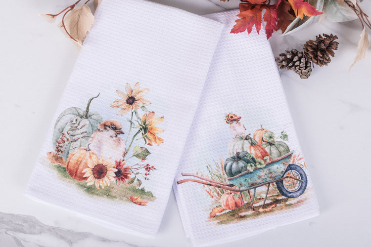 Autumn kitchen towels featuring cozy farmhouse harvest scenes with sparrows
