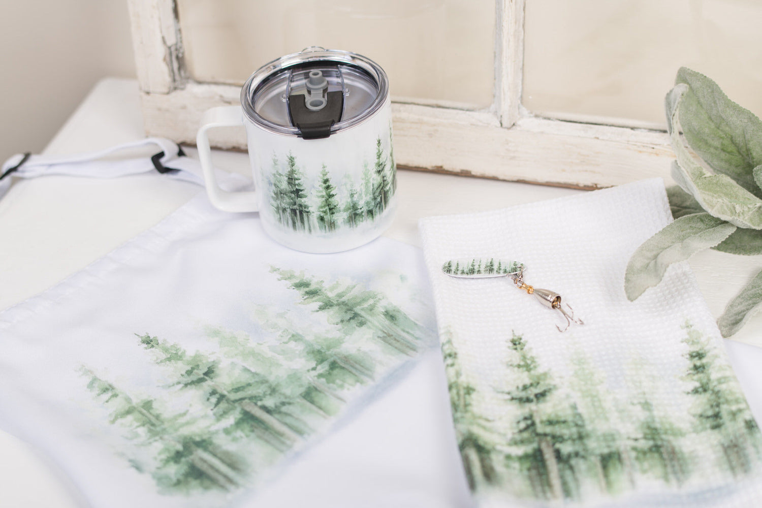 Forrest scenery on a waffle, weave tea, Forrest scenery on a waffle, weave tea towel, apron, camp mug, and fishing lure