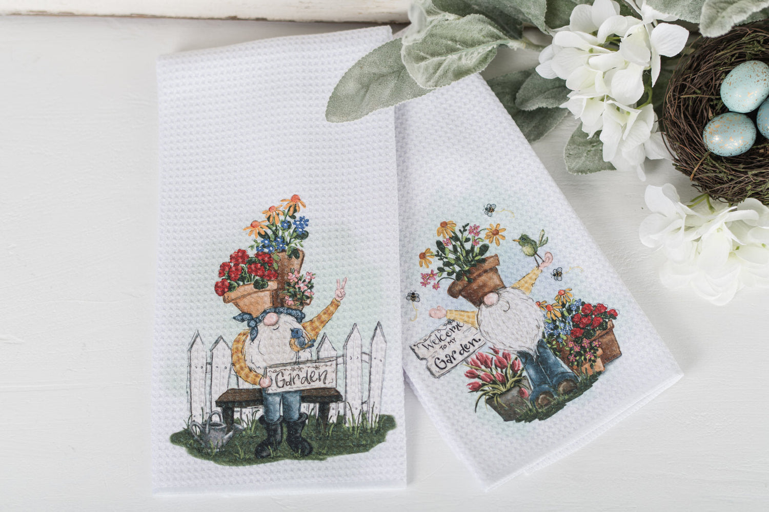 Waffle, weave kitchen towel with gnome garden art 