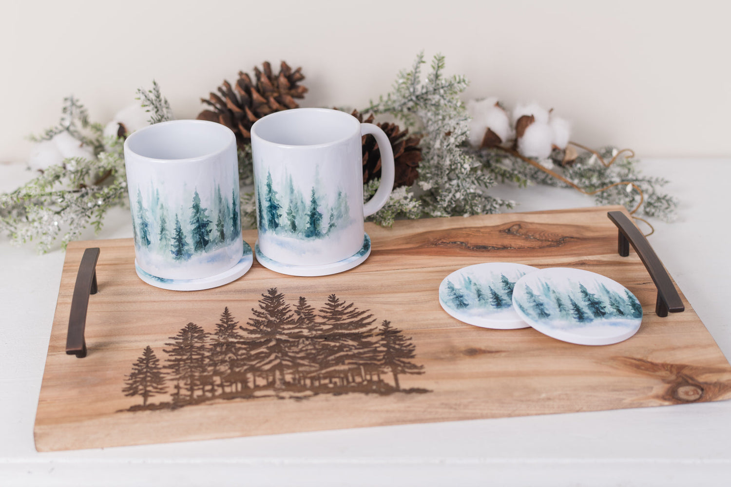 Handmade, laser engraved would serving tray with forest, coasters, and coffee mugs 