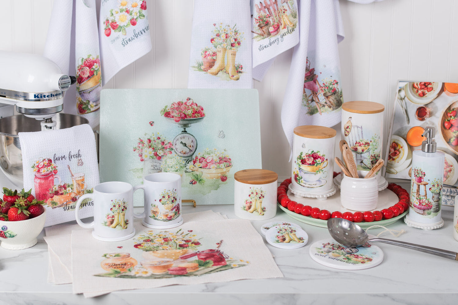Strawberry Patch home decor collection with watercolour strawberry and daisy design