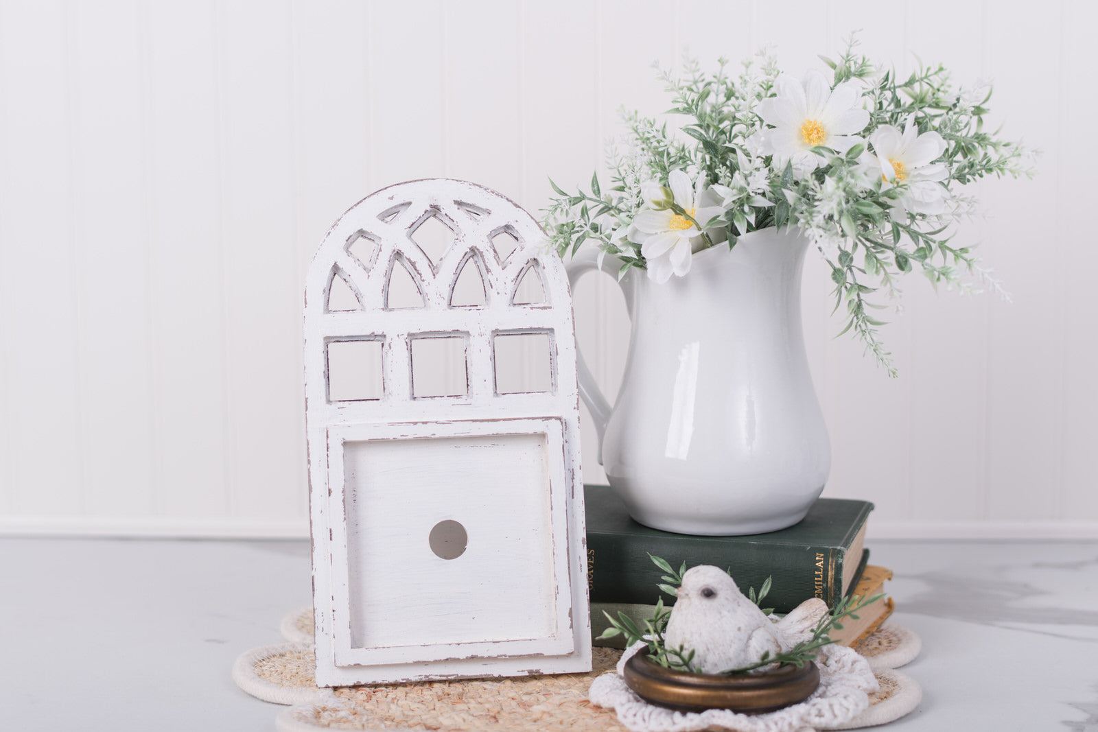 cottage style window frame decor for shelf styling