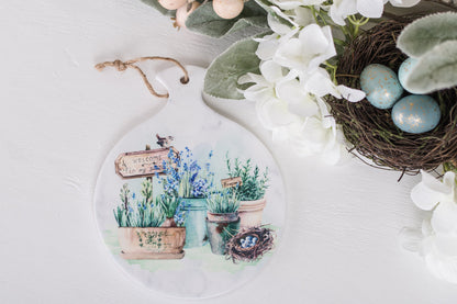 Country garden floral spoon rest with rosemary pots and bird’s nest