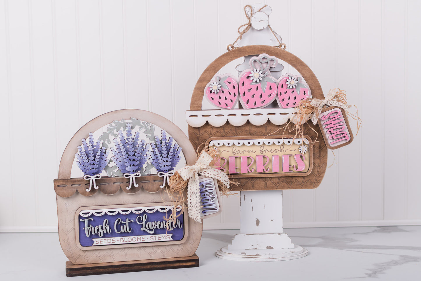 Decorative DIY wooden basket kits with lavender and pink flowers on a white background