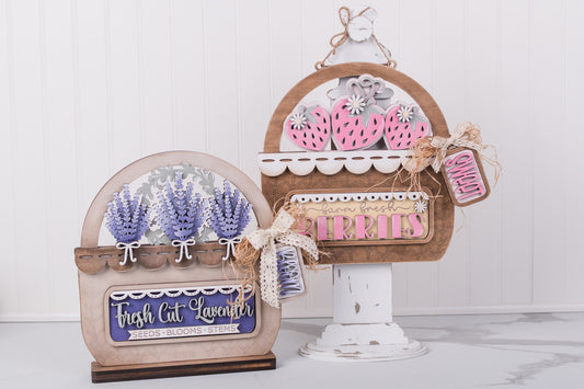Decorative DIY wooden basket kits with lavender and pink flowers on a white background