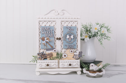 Honeybee cottage cabinet inserts with bee kind sign