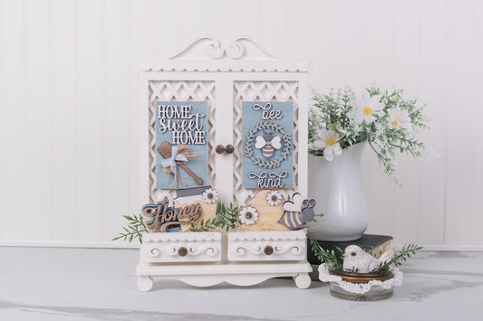 Honeybee cottage cabinet inserts with bee kind sign