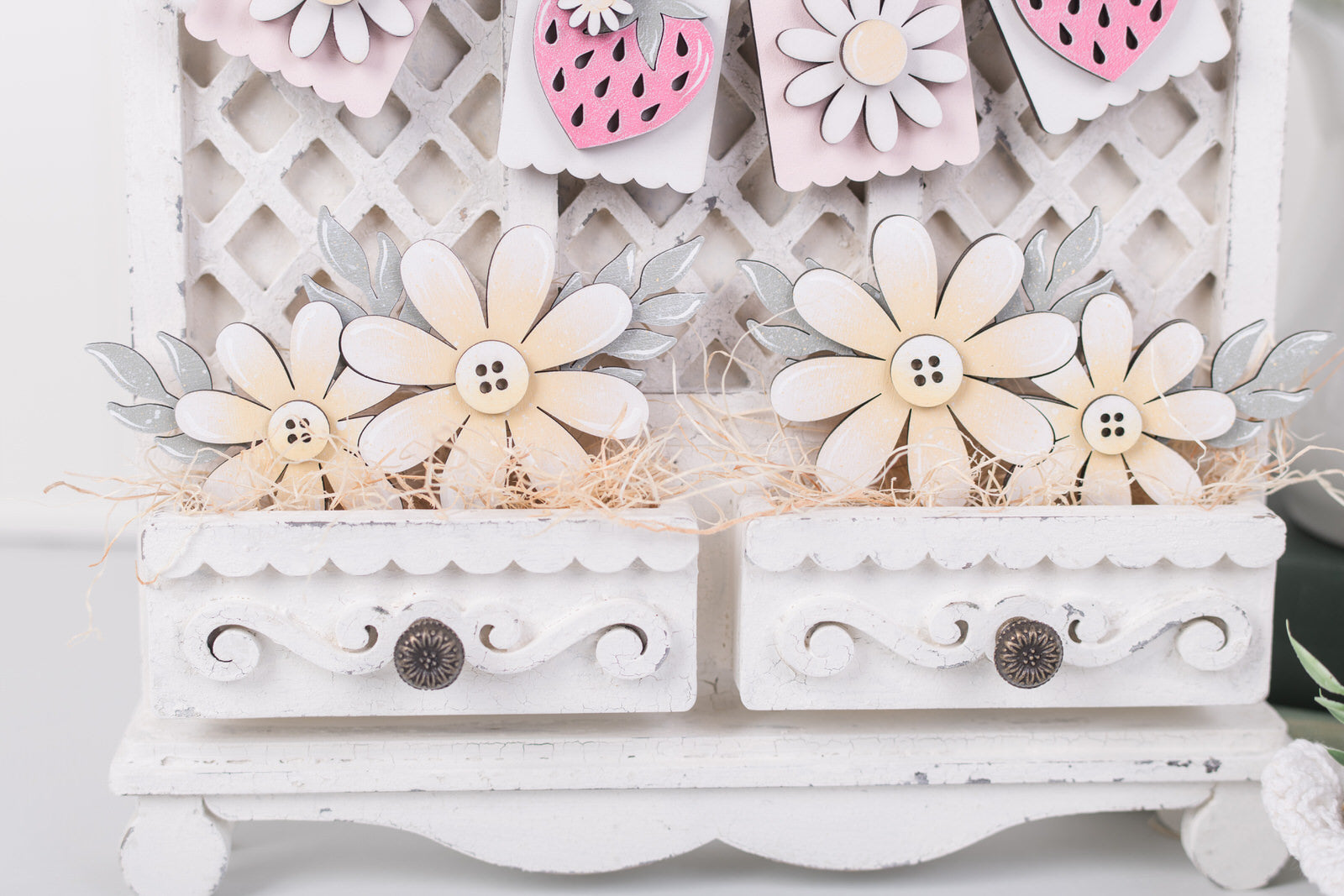 Cottage banner cabinet with mixed strawberry and floral inserts