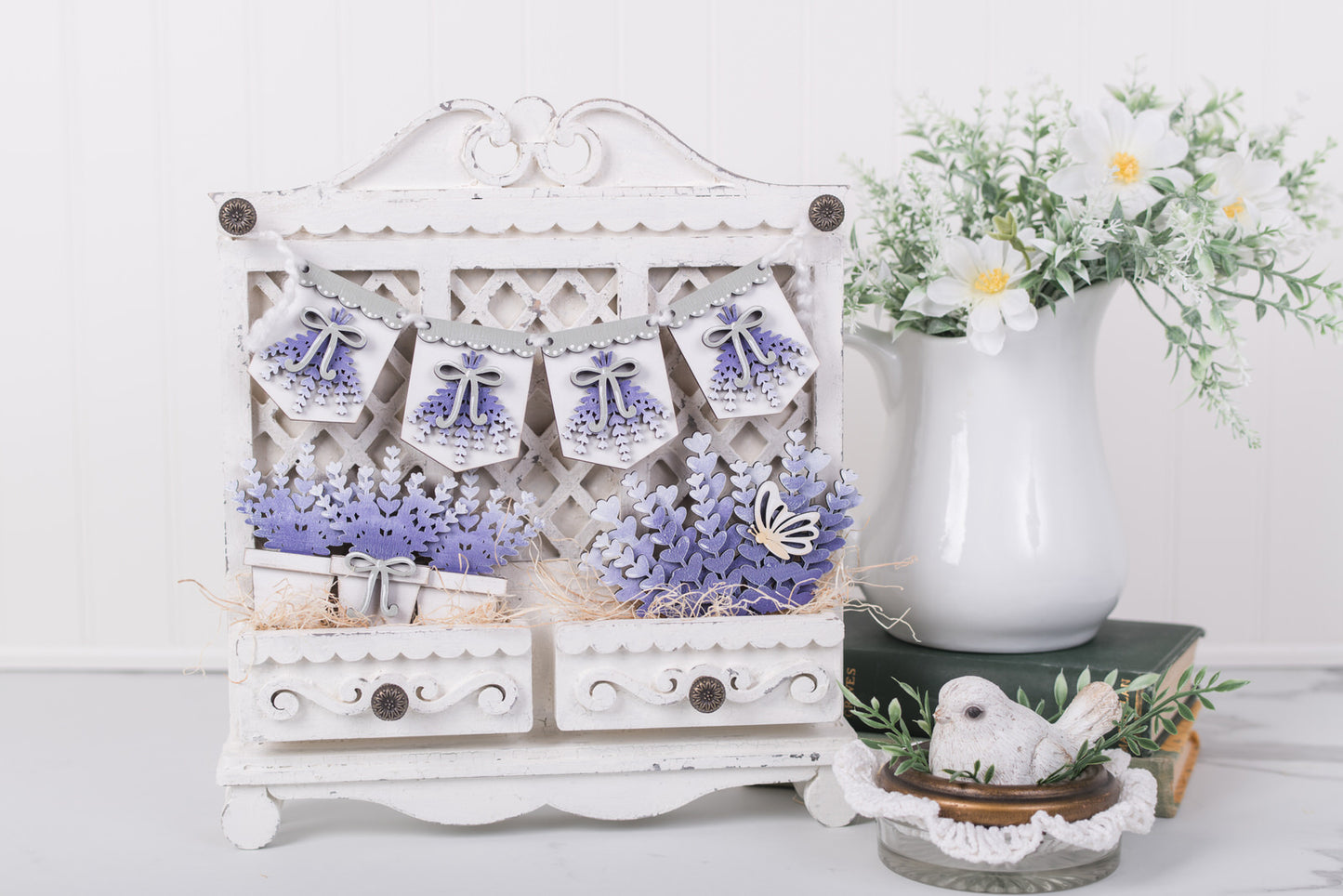 French lavender banner and drawer inserts for cottage cabinet
