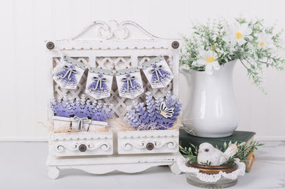 French lavender banner and drawer inserts for cottage cabinet