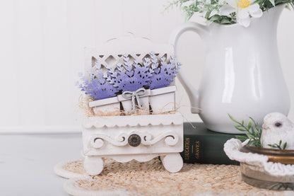 Lavender drawer insert pieces styled in cottage cabinet drawers