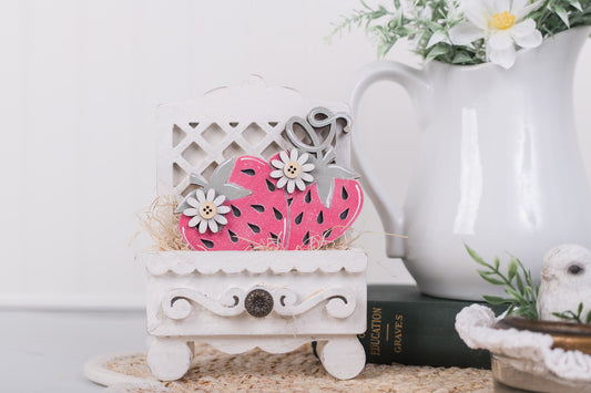Small cottage drawer base for interchangeable inserts with strawberries