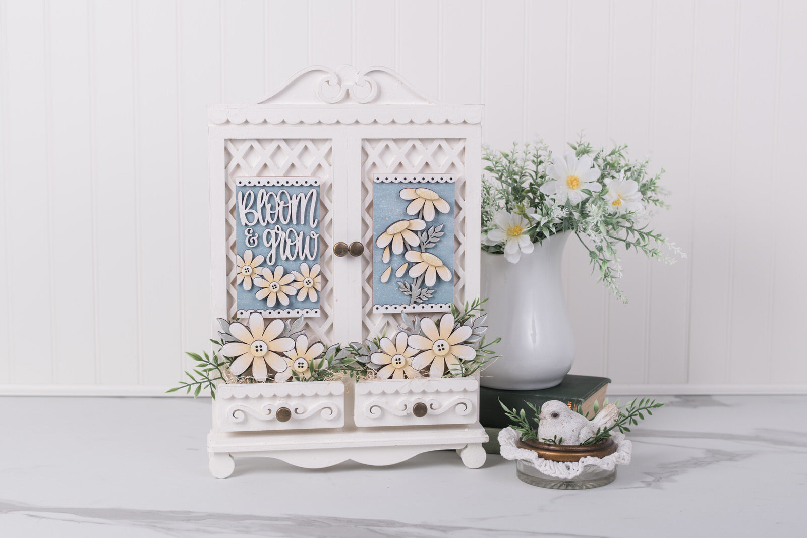 cottage cabinet diy kit styled with seasonal interchangeable decor