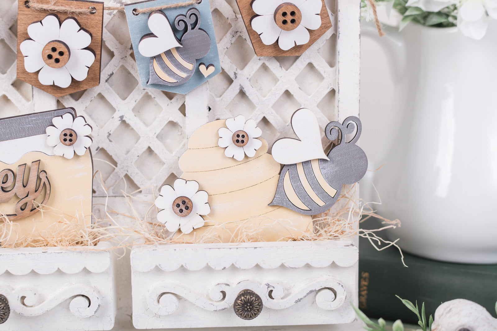 Wooden bee themed DIY decor kit for shelf sitter cabinet