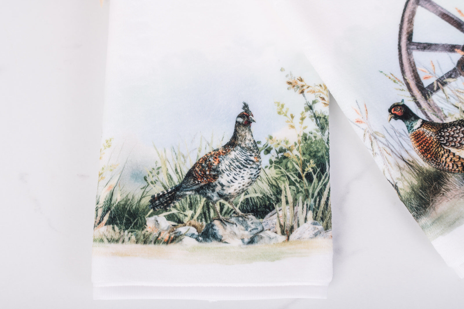 Rustic country hand towel featuring grouse and meadow grasses