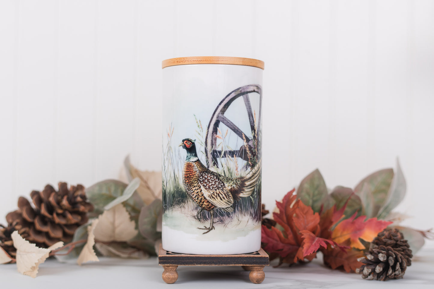 Bathroom Canister with a pheasant design on a white background