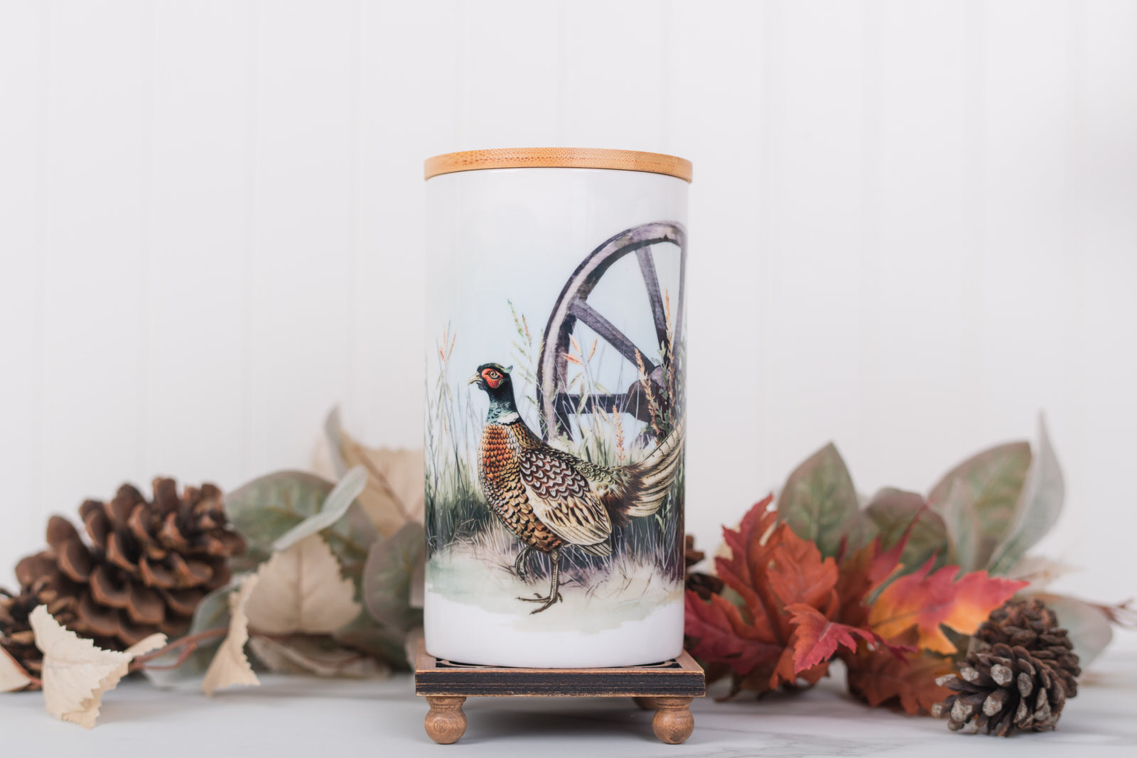 Bathroom Canister with a pheasant design on a white background
