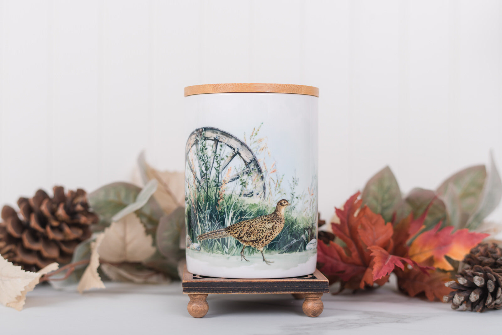 Rustic farmhouse medium bathroom jar with a female pheasant