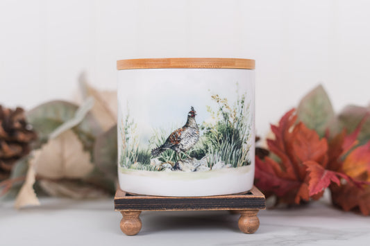 Rustic farmhouse bathroom jar with grouse design and bamboo lid