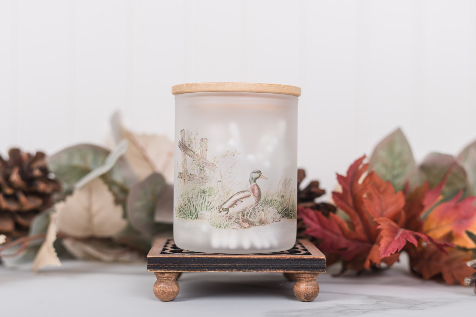 Rustic farmhouse xs frosted bathroom cansiter featuring a mallard duck
