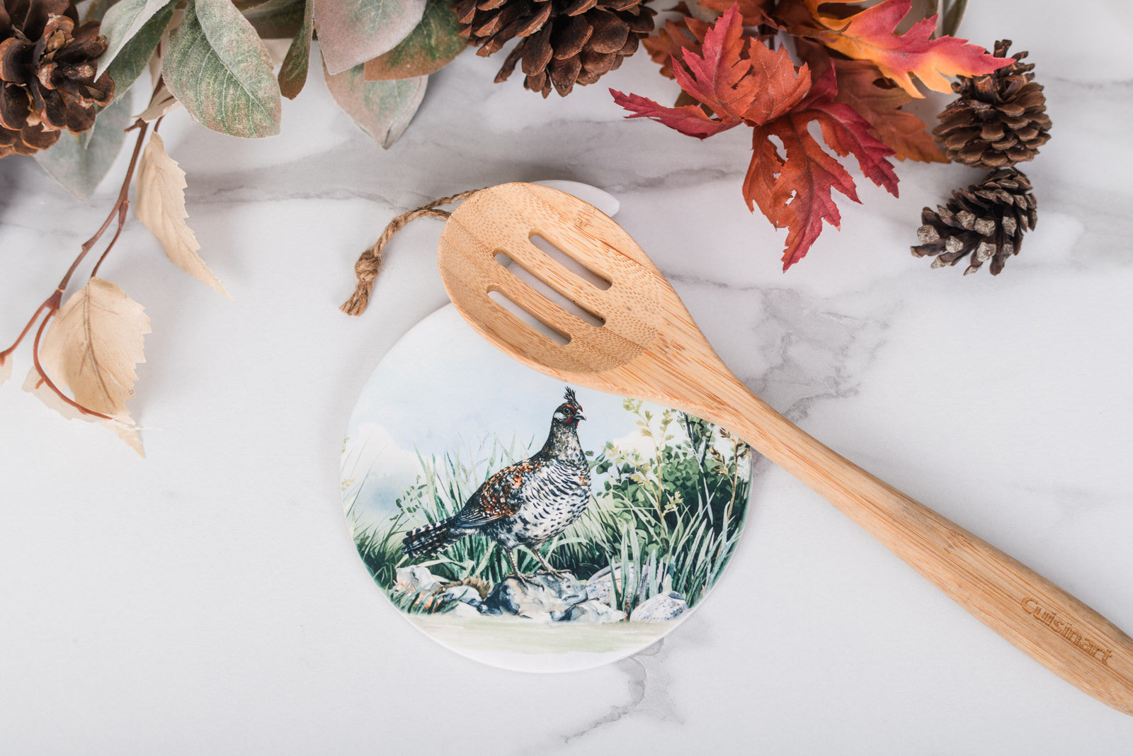 rustic farmhouse spoon holder with grouse