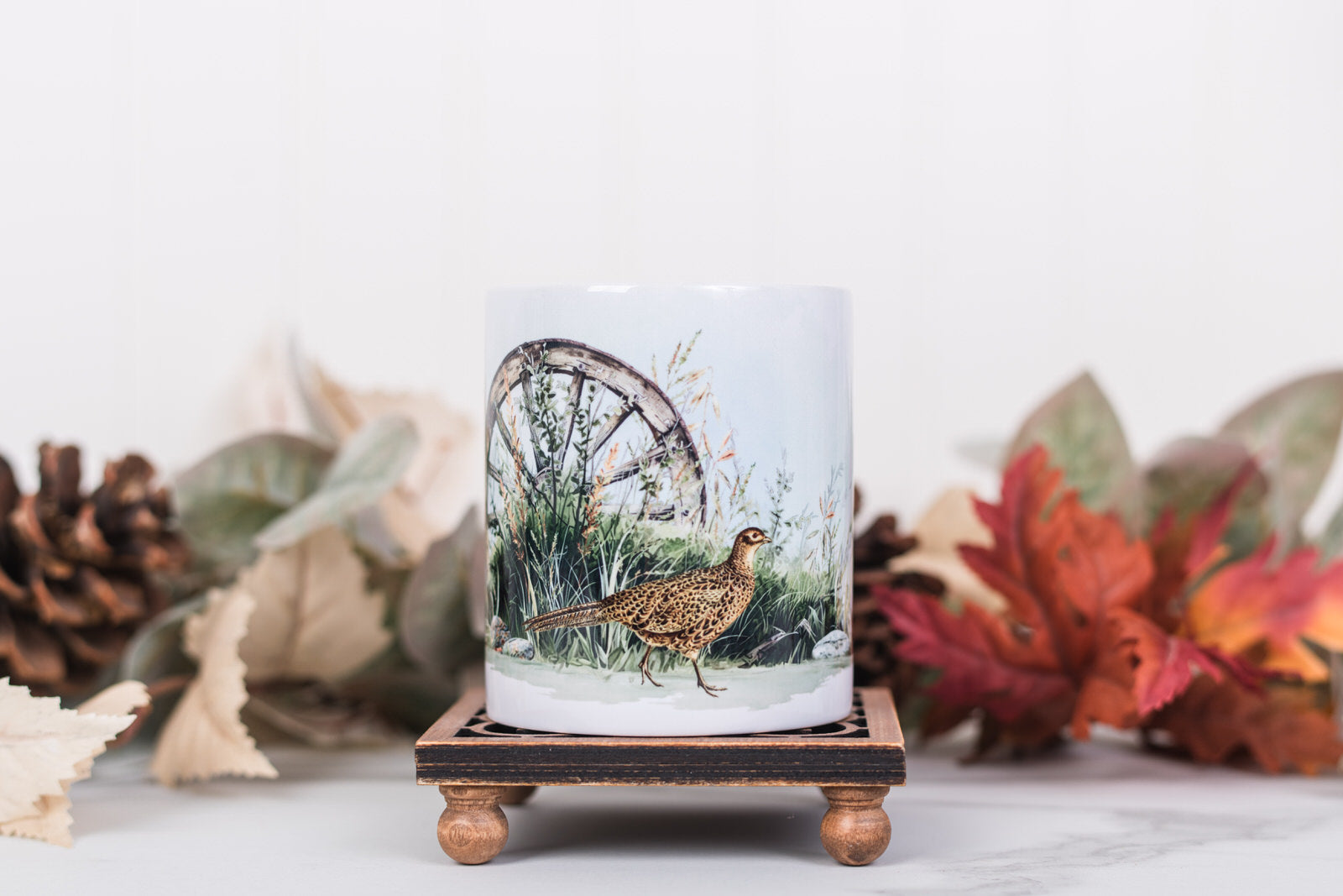 Farmhouse coffee and tea cup with pheasant and rustic details