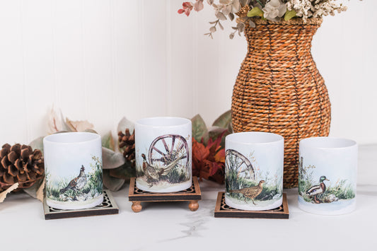 Heritage Collection ceramic coffee mugs with game birds and rustic countryside artwork