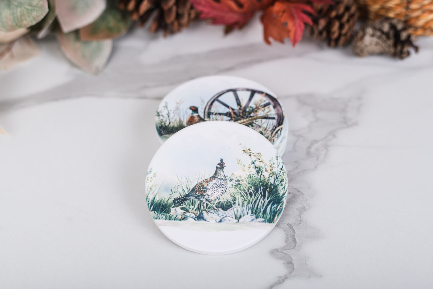 Rustic farmhouse drink coaster set featuring grouse, pheasants
 and mallards