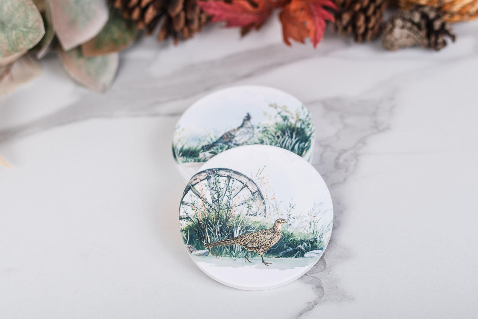Wildlife artwork coaster set with pheasants and grouse design
