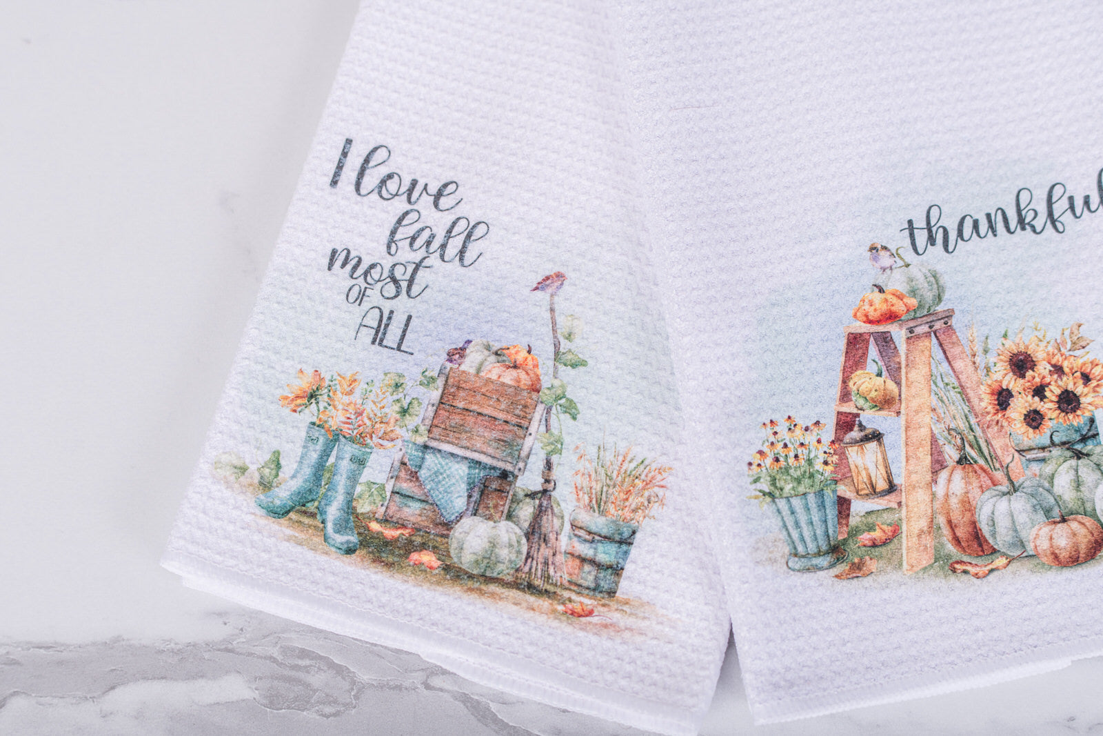 Pumpkin Patch Collection tea towels with seasonal fall artwork